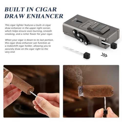 Gray Multifunctional Cigar Lighter with Built-in Cutter & Accessories - All-in-1 Torch