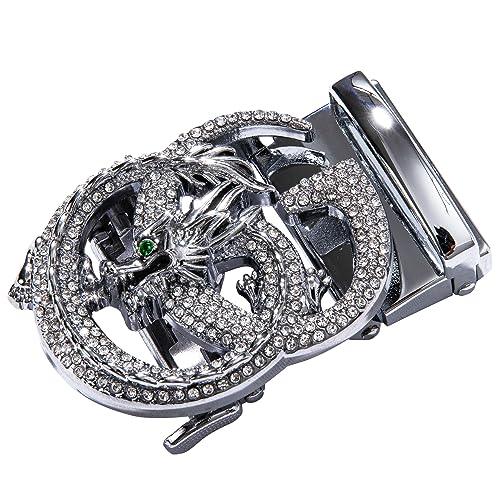 Men's Leather Ratchet Dress Belt with Sliding Buckle - Silver Dragon01, 36-45 Inches
