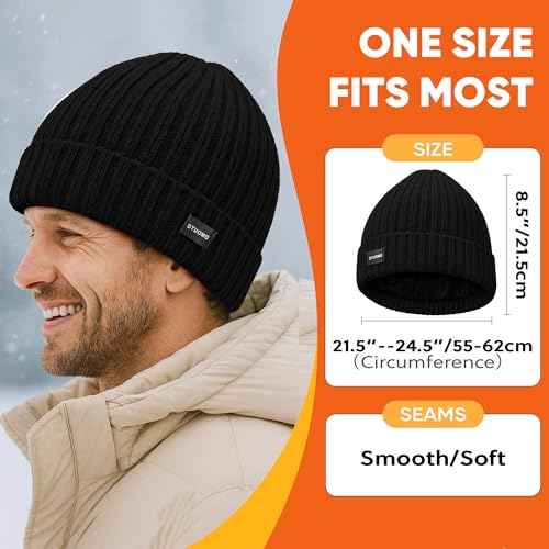 Merino Wool Cuff Beanie Winter Warm Thermal Hats for Mens & Womens Fleece Lined Beanie Knit Chunky Womens Snow Cap