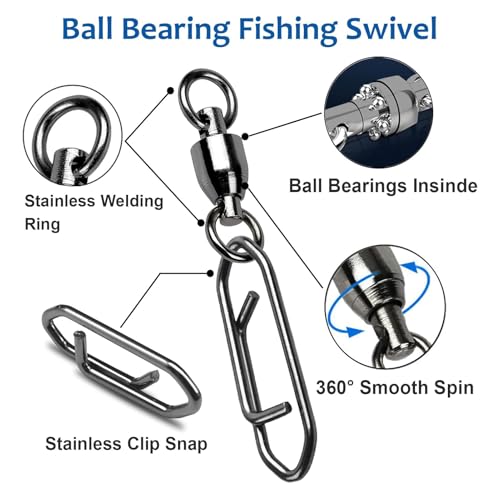 High Strength Snap Swivels Set 25 pcs - Stainless Steel Fishing Clips with Black Nickel Finish - Size 8+XXL (221lb)