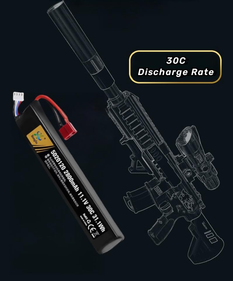 11.1V 2800mAh Airsoft Stick T Plug LiPo Battery 3S 30C Pack for Airsoft Guns AK47,MP5K,MP5,Scar,M249,AUG,AEG