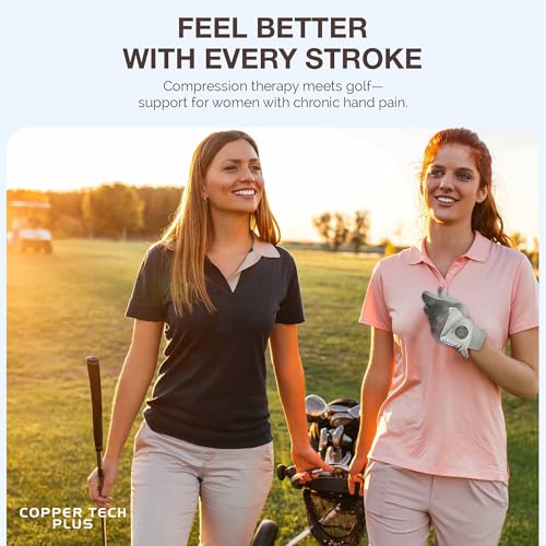 Copper Tech Plus Women’s Copper Infused Golf Glove – White/White – Pair – Compression Fit – Arthritis Relief – Non-Slip Grip – Breathable & Odour-Free – USGA Approved, One Size