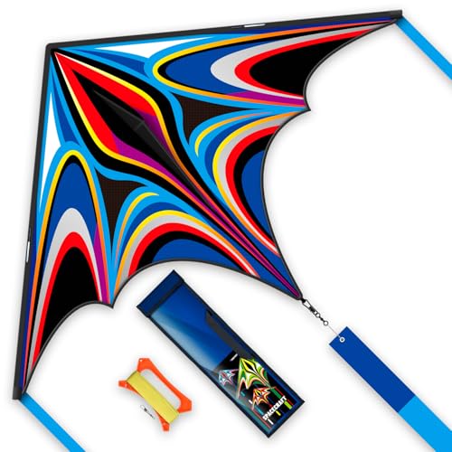 Large Delta Kite for Kids & Adults - Dark Blue Rainbow Easy Fly Durable Beach Kite