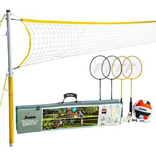 Franklin Sports Volleyball + Badminton Combo Sets - Backyard + Beach Outdoor Volleyball + Badminton Net Set - Portable Badminton + Volleyball Net with Poles - Volleyball, Rackets + Birdies Included