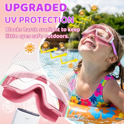Kids Swim Goggles 2 Pack - Pink & Dark Pink Wide View, Anti-Fog & UV Protection
