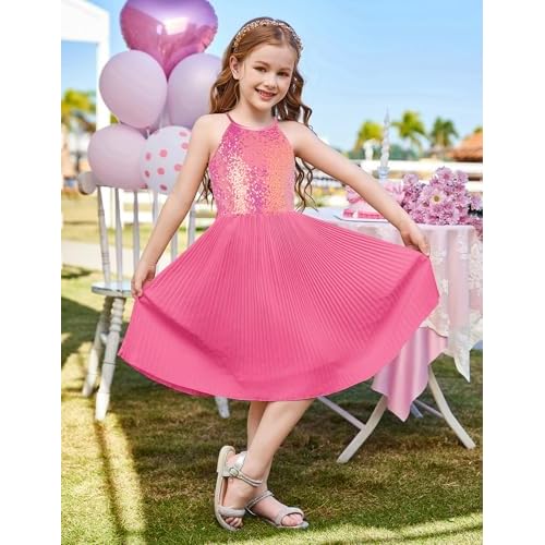 GRACE KARIN Girls Sequin Dress Christmas Party Dance Formal Birthday Fancy Sparkly Halter Chiffon Dresses Size 5-14