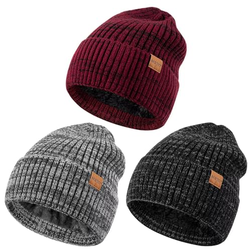 MSDC 3 Pack Winter Hats for Men, Warm Fleece Lined Beanie for Men Women, Fashionable Knit Hat Skull Cap for Cold Weather