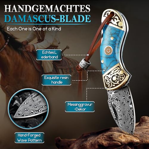 Damascus Pocket Knife for Gifting - Small Blue EDC Knife for Dad