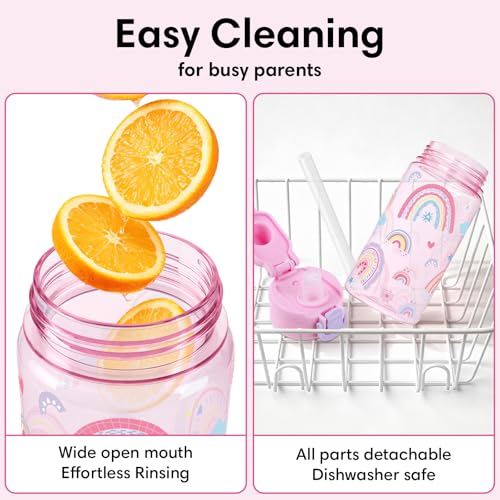 Kids Water Bottle with Bite & Sip Straw - Rainbow Unicorn Set - Pink & Purple