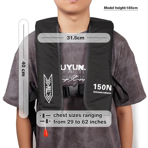 Inflatable Life Jacket for Adults - Lightweight Auto-Inflatable PFD, Black - Supports Up to 300 lbs