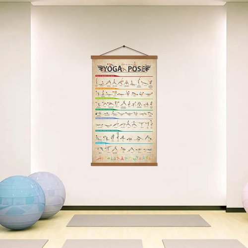 SAGUEYU Yoga Poses Poster Vintage Home Gym Full Body Workout Beginner Yoga Position Chart Canvas Prints Yoga Lover Gift 16" X 27" with Frame