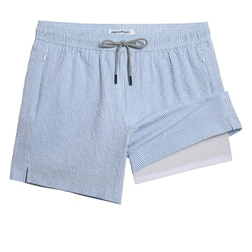 Men's Swim Trunks with Compression Liner 5 Inch Quick Dry Beach Board Shorts - Medium Blue Stripe