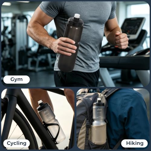 2 Pack 32oz Bike Water Bottles BPA-Free Reusable Sports Hydration Bottles - Black White & Black, 1L