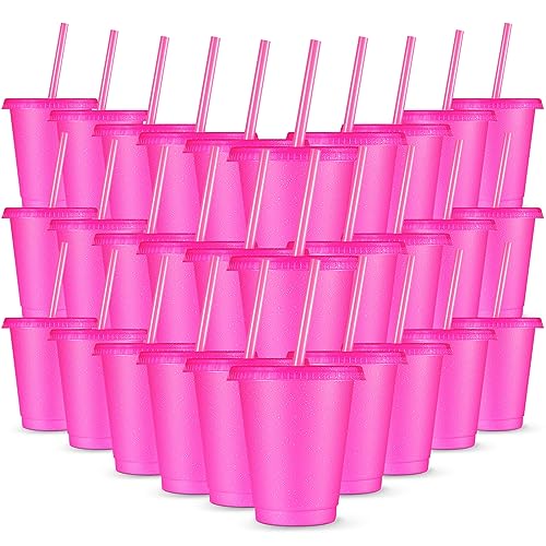 Reusable Plastic Cups with Lids and Straws - 16 oz Hot Pink Glitter Kids Drinkware - 30 Pack