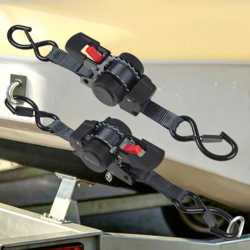 Black 1x5ft Retractable Boat Tie Down Straps with Double S Hooks - 2 Pack