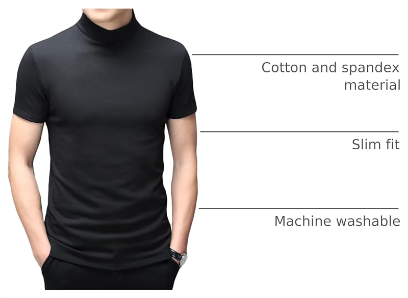 Men's Mock Neck Short Sleeve T-Shirt - Basic Fit, 80/20 Cotton-Spandex, Black Small