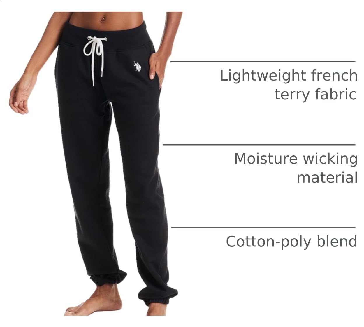 U.S. POLO ASSN. Womens Sweatpants with Pockets, French Terry Black Lounge Pants, Black Joggers (Black, Large)
