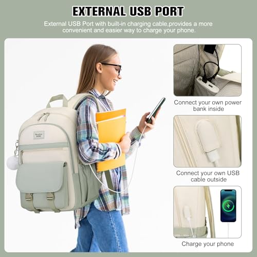Girls Backpack Set with Lunch Box and USB Port - Green Beige, 17.3 Inch