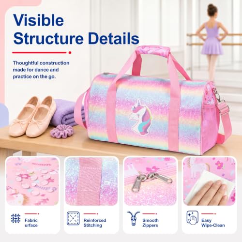 Kids Dance Bag with Shoe Compartment - Glitter Unicorn Pink, Medium