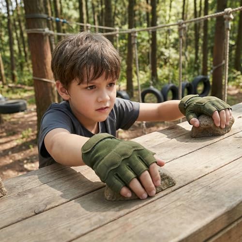 Kids Tactical Half Finger Cycling Gloves - Green, Anti-Slip, Adjustable Wrist