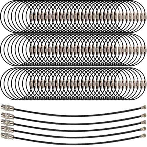 100PCS 6 inch Black Stainless Steel Wire Keychains Cable, Key Rings, Heavy Duty Luggage Tags Loops Tag Keepers 1.5mm Twist Barrel