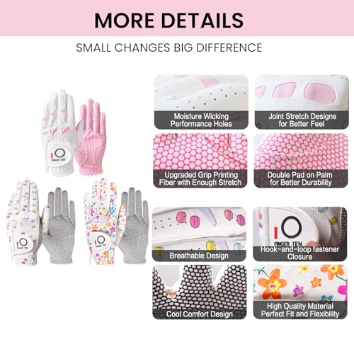 Women’s Golf Gloves with Extra Grip 3 Pack - Left Hand Flower & Macaron Pink, Small