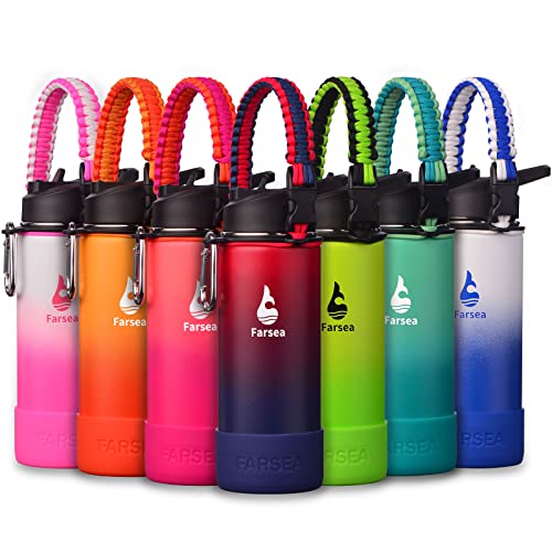 Farsea 18 oz Insulated Water Bottle with Paracord Handle & 2 Lids - Red/Navy