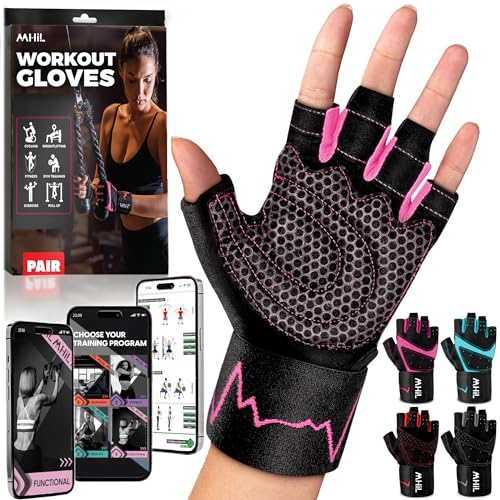 MhIL Workout Gloves for Women ? Breathable Gym Gloves for Women with Palm Protection and Enhanced Grip ? Padded Weight Lifting Glove for Womens with Wrist Wraps Support Weightlifting Exercise Cycling