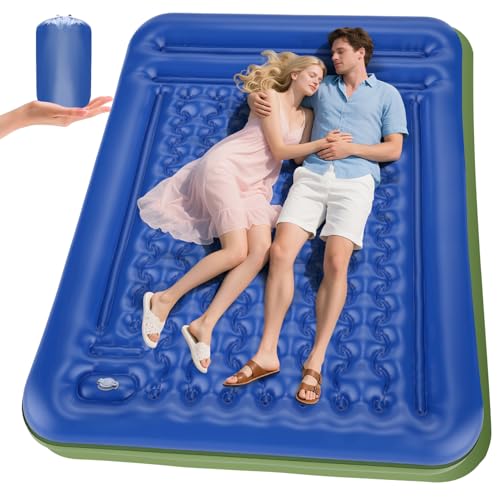 Double Sleeping Pad for Camping Blue - Extra Thick 5 Inch Self-Inflating Mattress for 2 Persons with Built-In Foot Pump