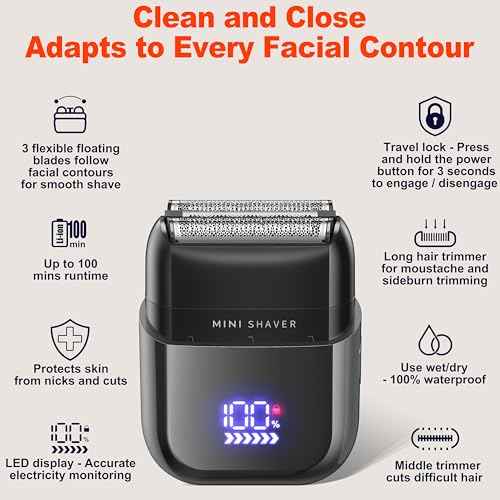 Telfun Mini Electric Foil Shavers for Men, Portable Men's Travel Facial Hair Groomer, USB-C Electric Beard Shaver with Full Body Waterproof & Big LED Display, Close Face Shaver for Head, Beard, & Neck
