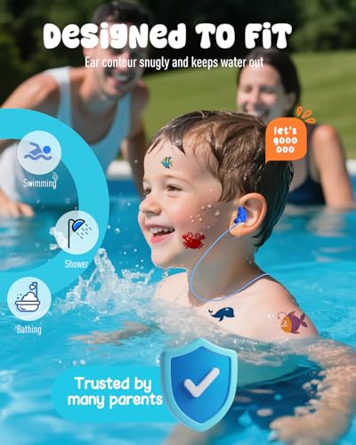 Kids Swimming Ear Plugs 3 Pairs Waterproof Silicone Reusable Bathing & Water Sports (Blue, Orange, Green)