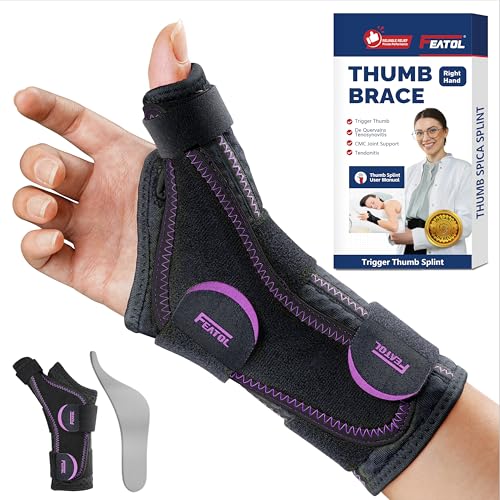 FEATOL Thumb Brace Support Right Hand Black Purple S/M - Ergonomic Wrist Stabilizer
