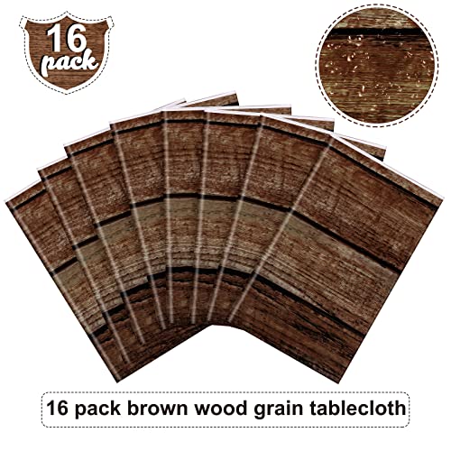 16 Pcs Brown Wood Grain Plastic Tablecloth - 54 x 108 Inches, Rectangular