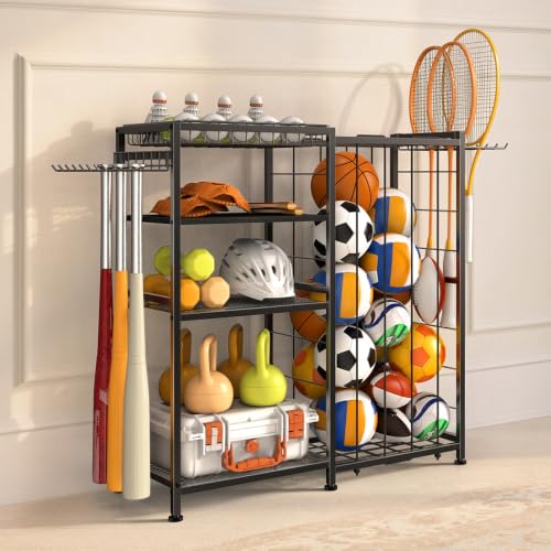Garage Ball Storage Rack with Hooks & Bungee Organizer for Sports & Toys