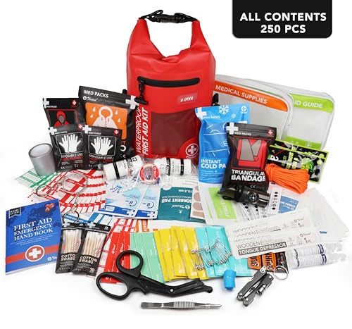 Red Waterproof First Aid Kit 250 PCS Survival Emergency Bag with Reflective Strips