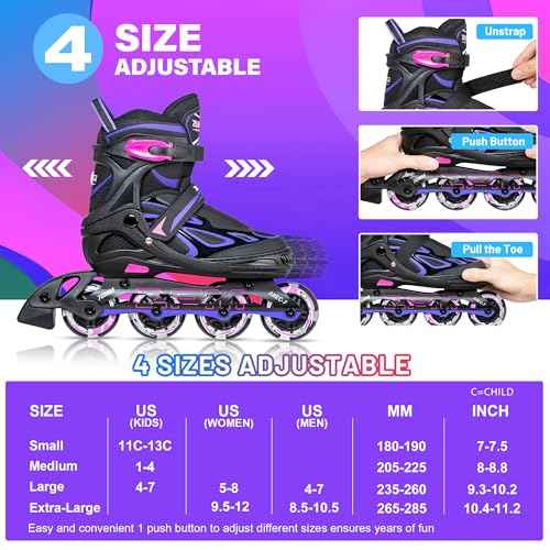2PM SPORTS Vinal Girls Adjustable Flashing Inline Skates, All Wheels Light Up, Fun Illuminating Skates for Kids Men Adult Women and Boys