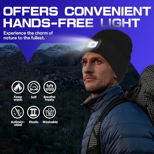 Keains Unisex Beanie with The Light £¬Rechargeable LED Headlamp Cap£¬ Warm Knit Hats for Winter Safety Gifts for Men Women Dad
