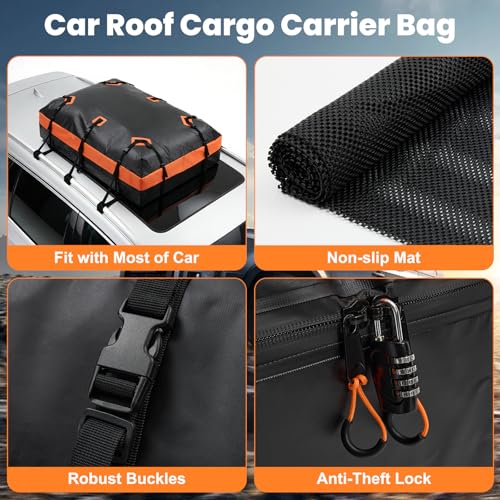 DUMOS Waterproof Car Roof Bag Cargo Carrier 15 Cu Ft Black-Orange