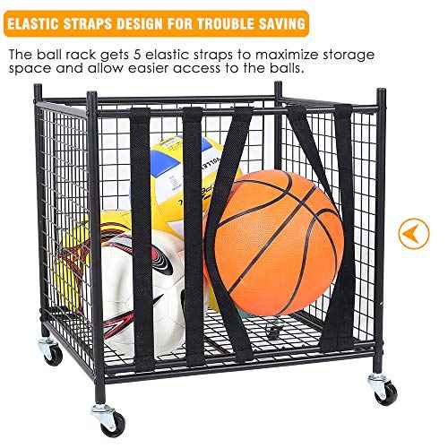 Snail Garage Sports Equipment Storage Organizer Sports Ball Storage Rolling Cart with Basket and Hooks Lockable Sports Ball Cage Storage Rack for Garages, Playgroup, Gym and Schools, Black