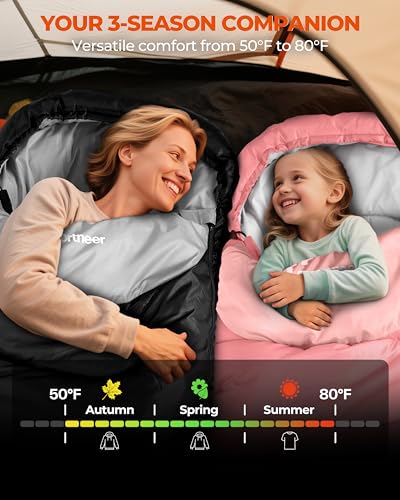 Sportneer 3-Season Sleeping Bag for Adults & Kids - Black & Light Gray, 50-80℉, 3.3lbs, Compression Sack