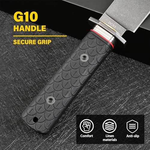 DC53 Steel Fixed Blade Hunting Knife with Sheath - Tactical Outdoor Survival Knife, Black Stone Wash