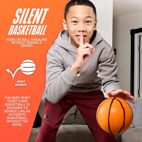 Nerf Quietcourt Silent Foam Basketball - Mini Size 7 Inches - Never Goes Flat - Orange
