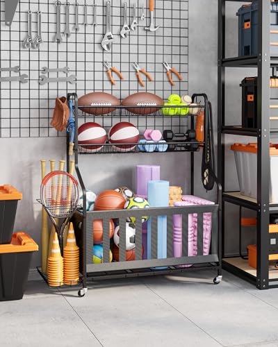 Kitsure Sports Equipment Organizer with Wheels - Black, 40"D x 16.7"W x 45.6"H Garage Ball Storage Rack