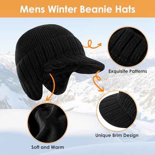 Winter Beanie with Brim and Ear Flaps for Men, Knitted hat with Fleece Lining for Warmth Caps for Men Women