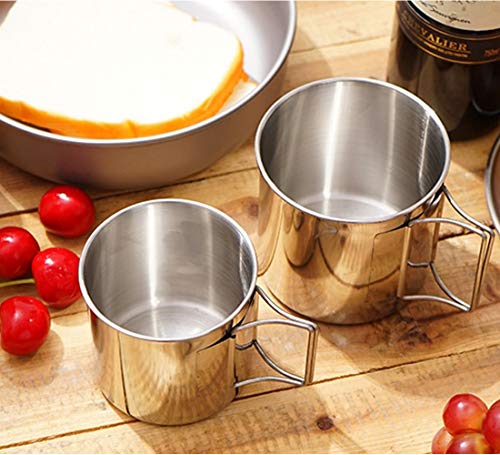 Stainless Steel Camping Mug Set with Folding Handle - 4 Piece Backpacking Cup Kit