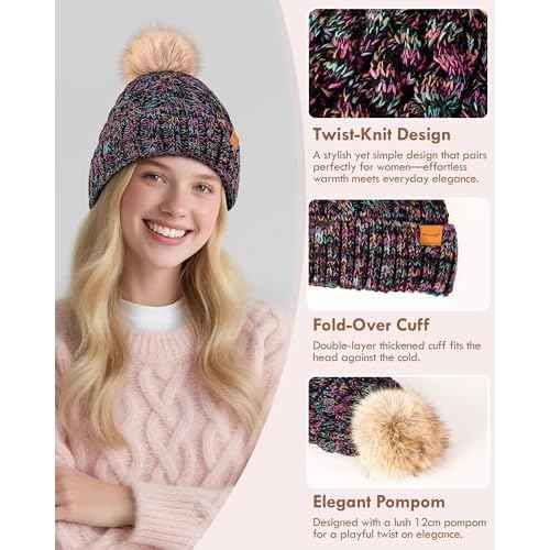 Winuesa Winter Hats for Women with Pom Pom, Womens Beanie Fleece Lined for Cold Weather, Multicolor Ski Skull Cap for Ladies