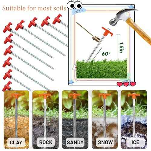 10-Pack 8" Heavy Duty Screw in Tent Stakes, Drill-in Non-Rust Ground Anchor Pegs, Metal Tent Accessories for Camping, Garden, Hiking, Orange