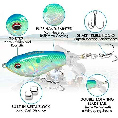 TRUSCEND PoPobait with BKK Hooks, Top Water Plopper Fishing Lures for Bass Walleye Pike Catfish Musky Perch, Floating Lure for Freshwater or Saltwater, Amazing Teasers Fishing Gifts for Family Fishing