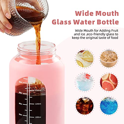 42 oz Glass Water Bottle with 2-in-1 Straw Lid, Large Half Gallon with Time Marker