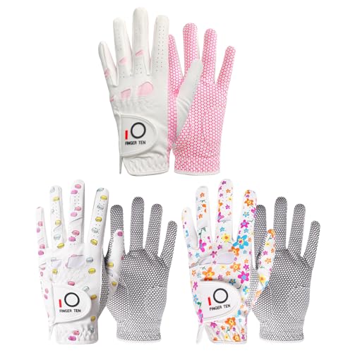 Women’s Golf Gloves with Extra Grip 3 Pack - Left Hand Flower & Macaron Pink, Small